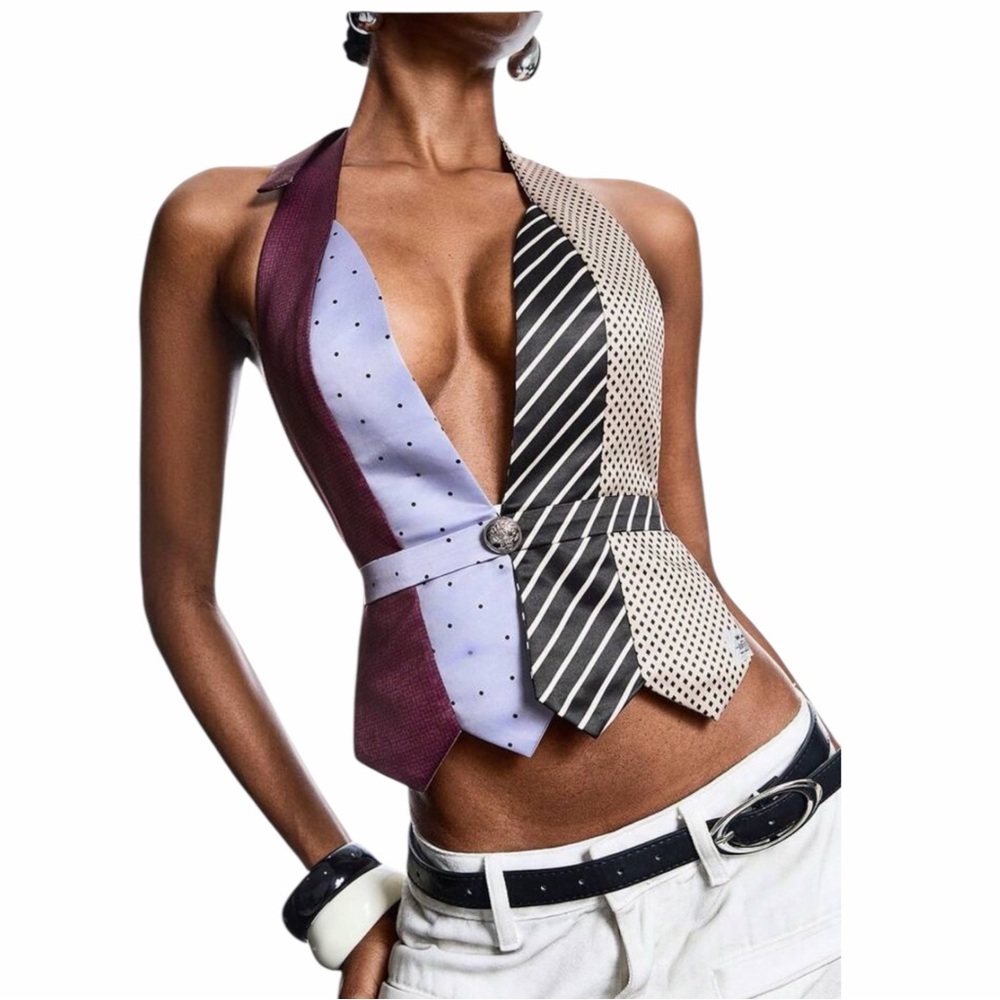 Statement Patchwork Tie Halter Vest Top | Size M | Backless Tie Detail
